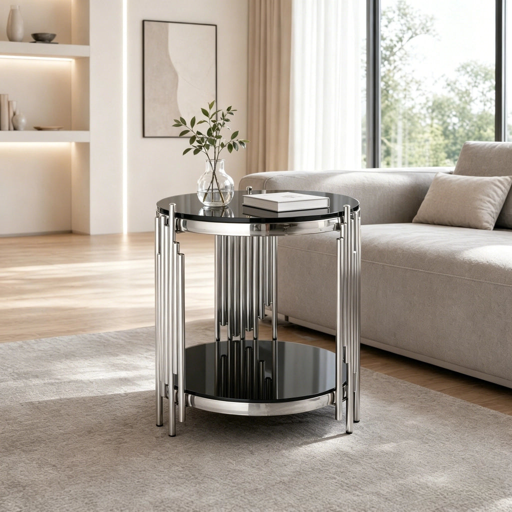Tavolino basso fisso rotondo a due ripiani in vetro temperato nero con telaio in acciaio inox 56.5 × 51.0 × 27.0 cm