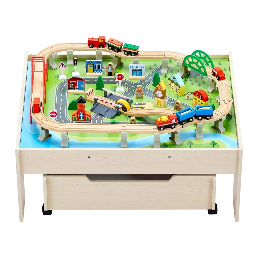 Tavolo Ferroviario Treni Binari 100 Pezzi Legno Multicolore Cassetto Ruote Giocare Disegnare Creativi
