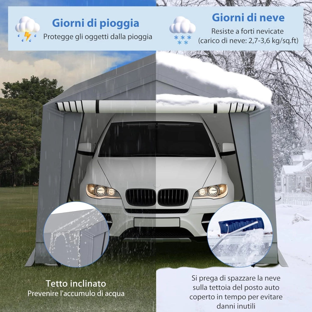 Tendone Garage 2,9 x 4,9 m, Telaio in Acciaio Zincato, Travi Triangolari Rinforzate, per Auto, Moto, Biciclette, Carico e Evento all'aperto, Grigio