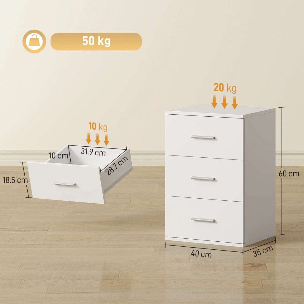Comodino con 3 Cassetti ¨C Xylo ¨C Bianco 40x35x60 cm