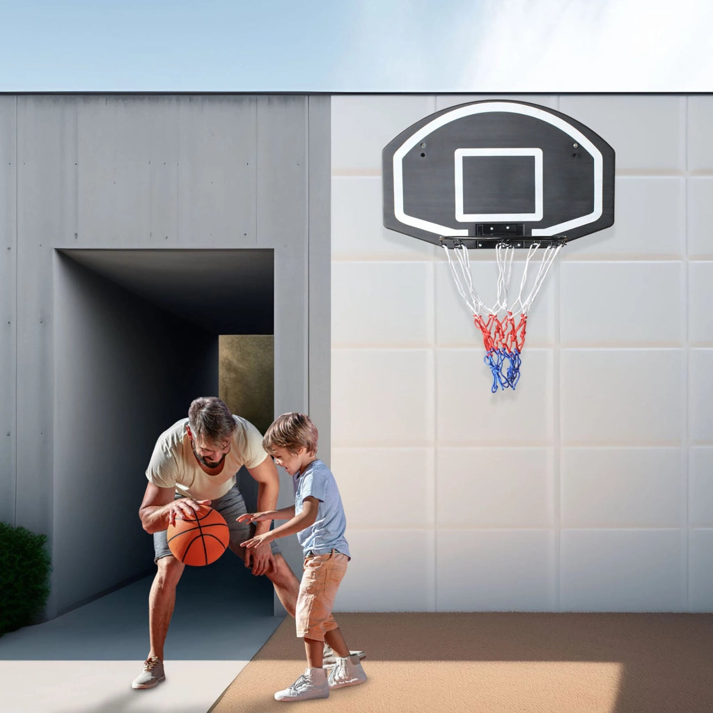 Area giochi canestro da basket da parete con tabellone in PE e struttura in ferro nero 72,39 × 45,72 cm