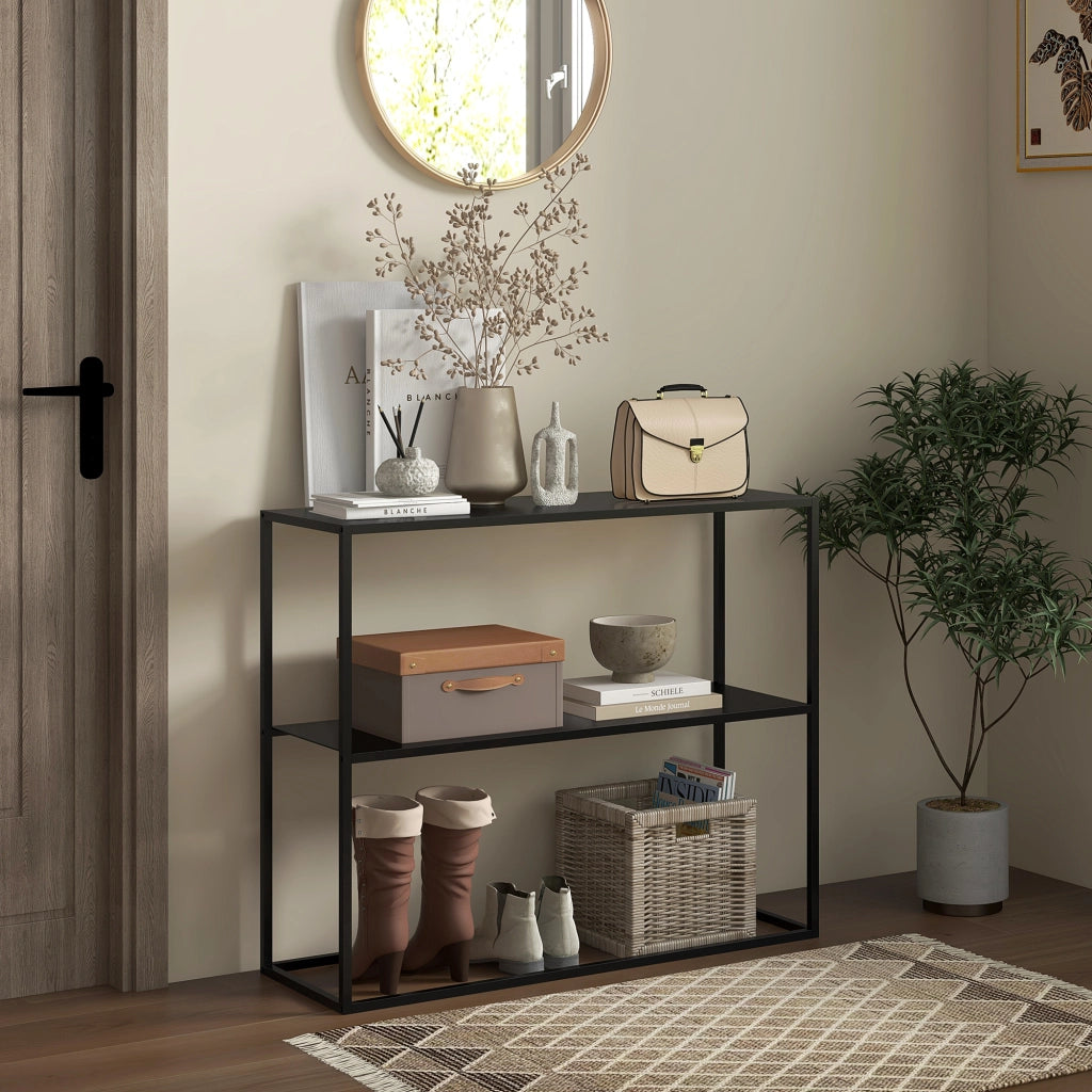 Consolle Ingresso Moderno ¨C Xylo ¨C Acciaio Nero 2 Ripiani 90x30x75cm
