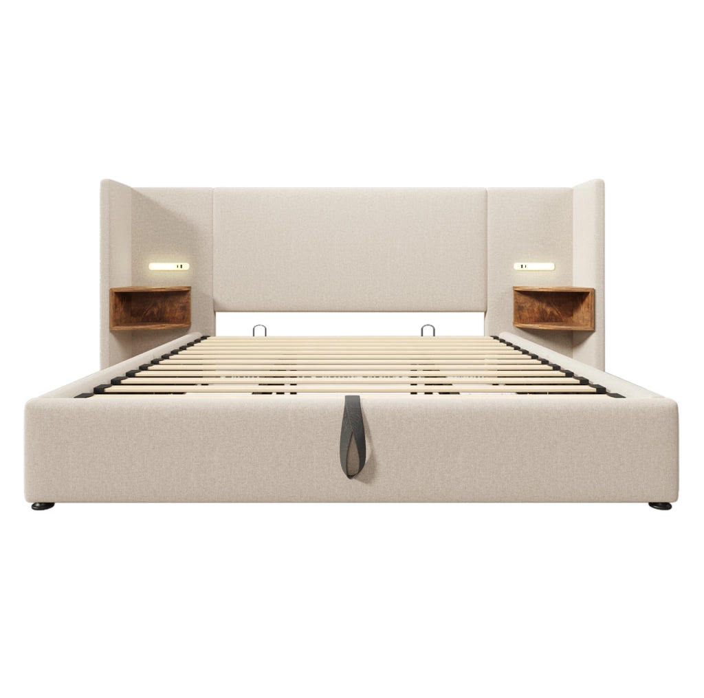 Letto contenitore 180x200 cm beige con libreria laterale, luce touch e ricarica USB-C