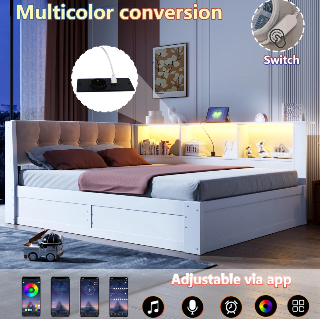 Letto singolo 140x200 cm con contenitore idraulico; LED; USB e ripiano; bianco