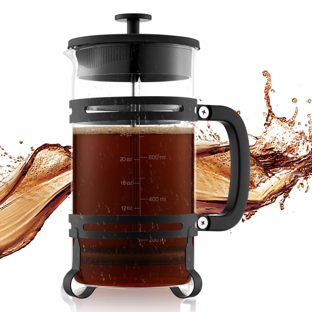 Caffettiera Francese French Press MH-238 da 1L in Vetro Borosilicato e Acciaio Inox, Infusore Manuale Portatile per Caffè e Tè in Cucina, Nero