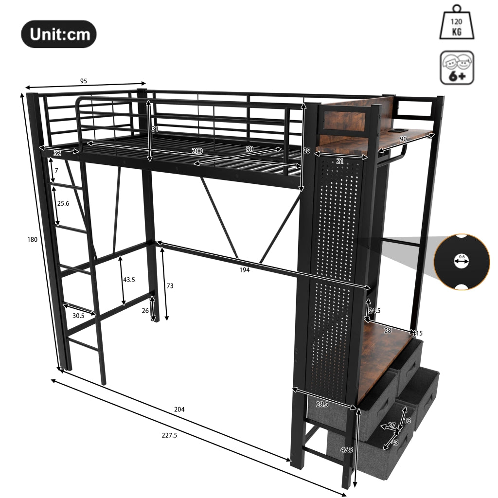 Letto a soppalco 90 ¡Á 200 cm con scrivania; 4 cassetti; ripiani; LED; USB e Type-C in metallo e MDF bianco