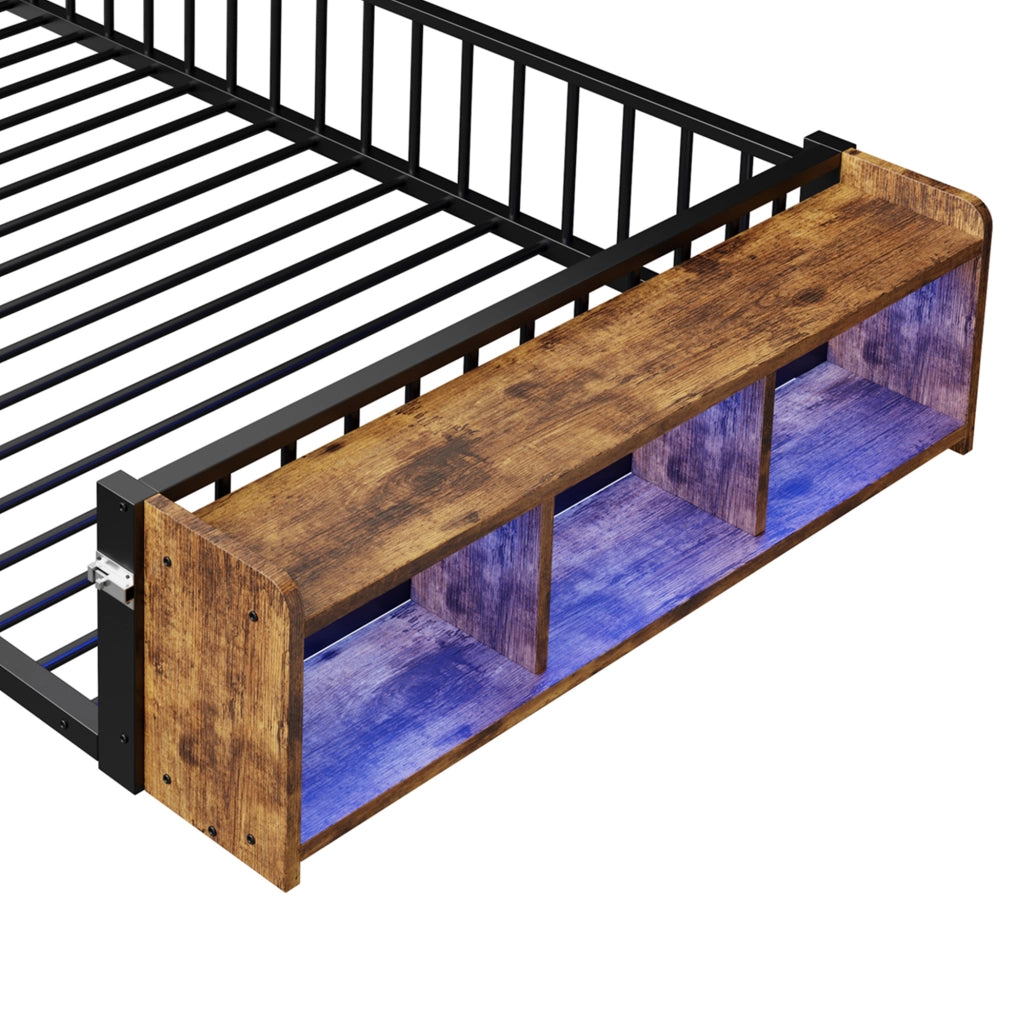 Letto per bambini 140x200 cm con sponda, vano aperto e LED in metallo e MDF nero