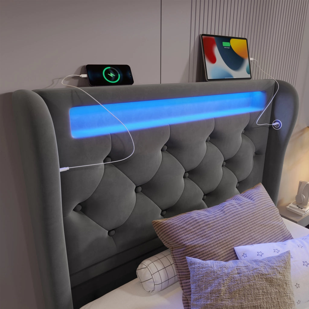 Letto singolo 90x200 cm con materasso e contenitore; grigio