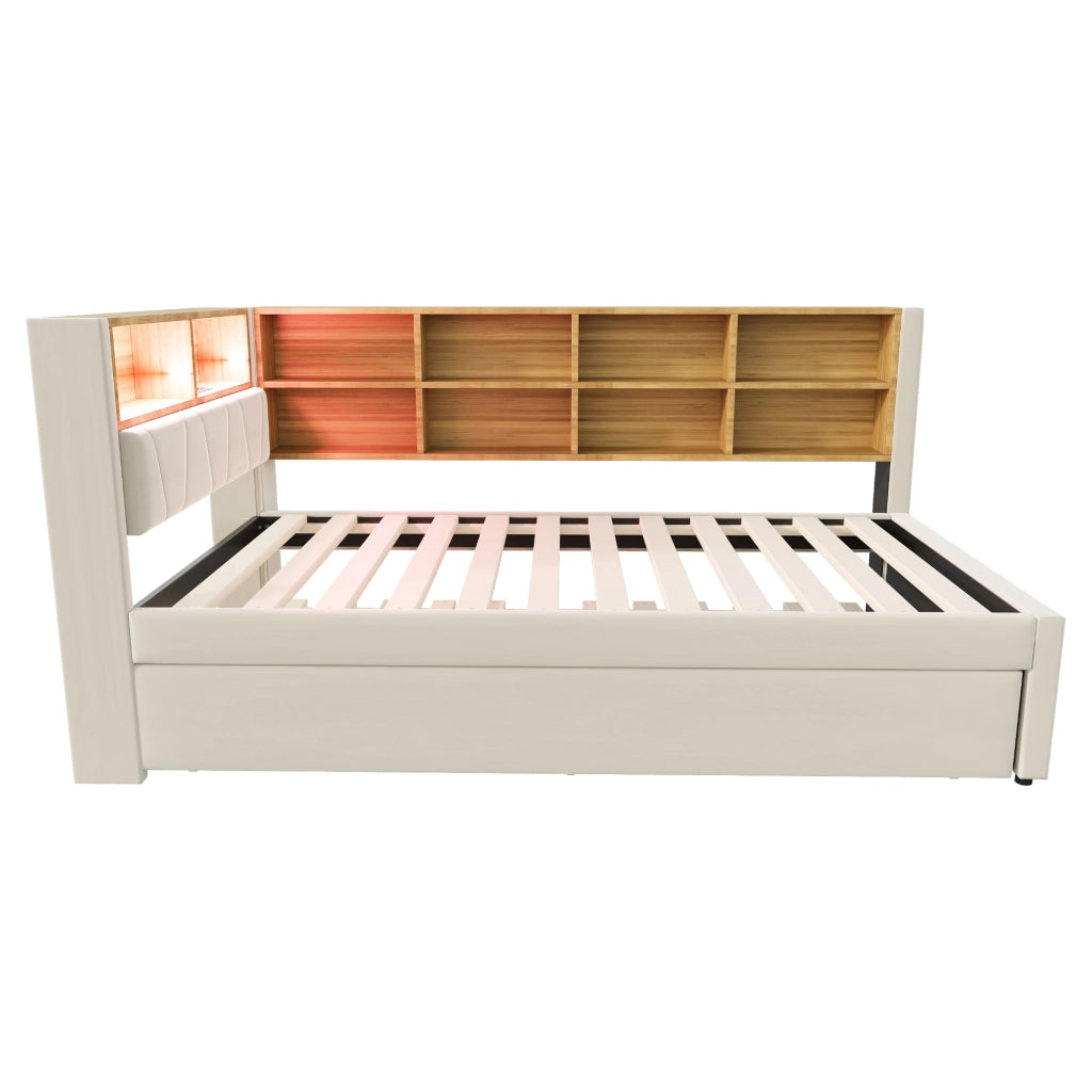 Divano letto con LED, prese e contenitore, 90x200+90x190 cm, flanella beige