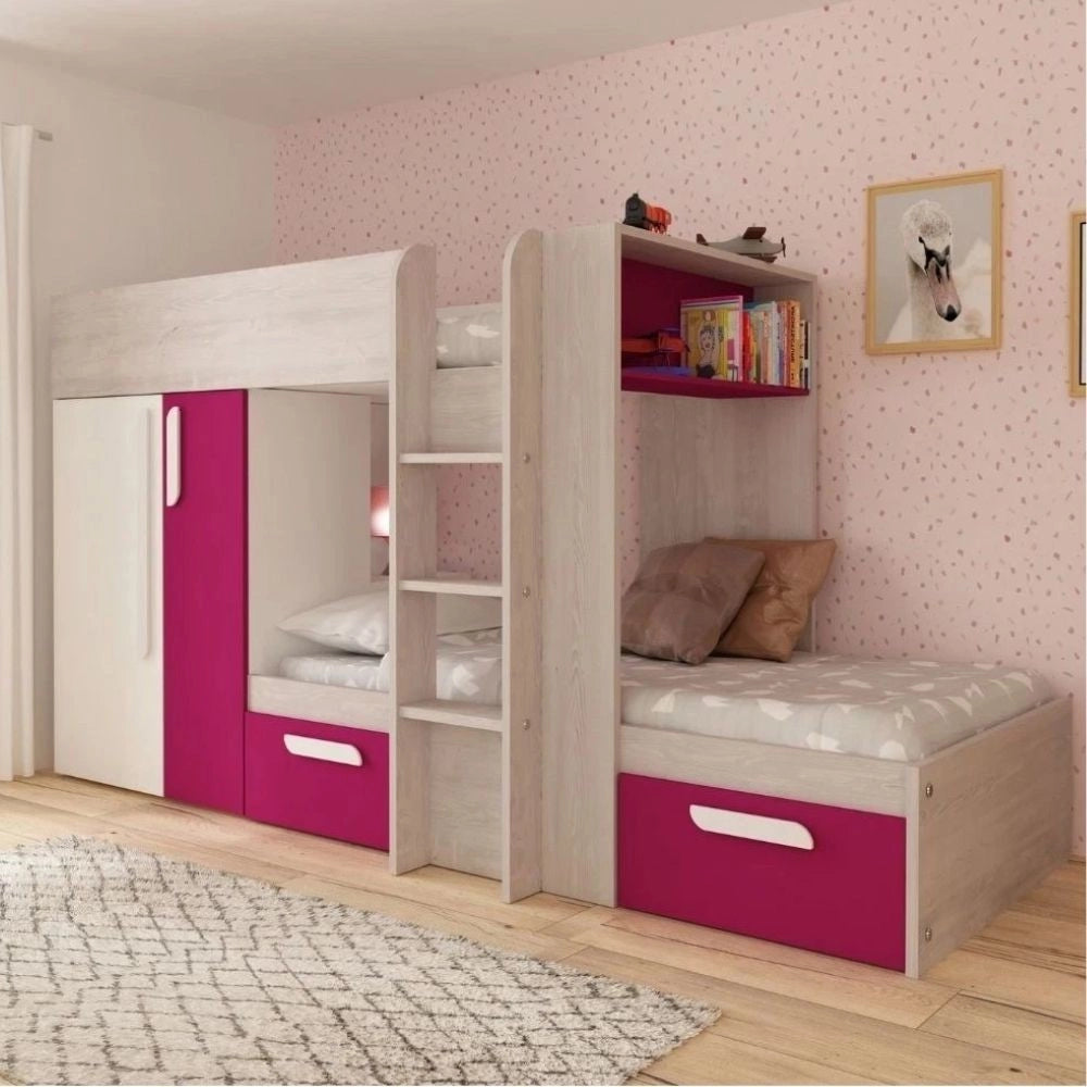 Letto a castello bianco consumato fucsia con armadio e cassetti 1298