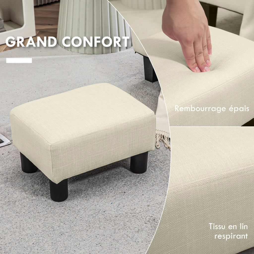 Pouf Poggiapiedi Basso in Tessuto di Lino Beige Sgabello Salotto 40 x 30 x 24 cm Portata 110 kg Compatto