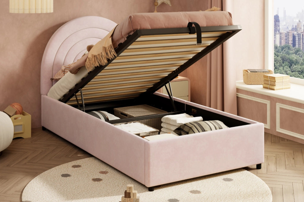 Letto singolo imbottito 90x200 cm con testiera in velluto rosa e rete a doghe