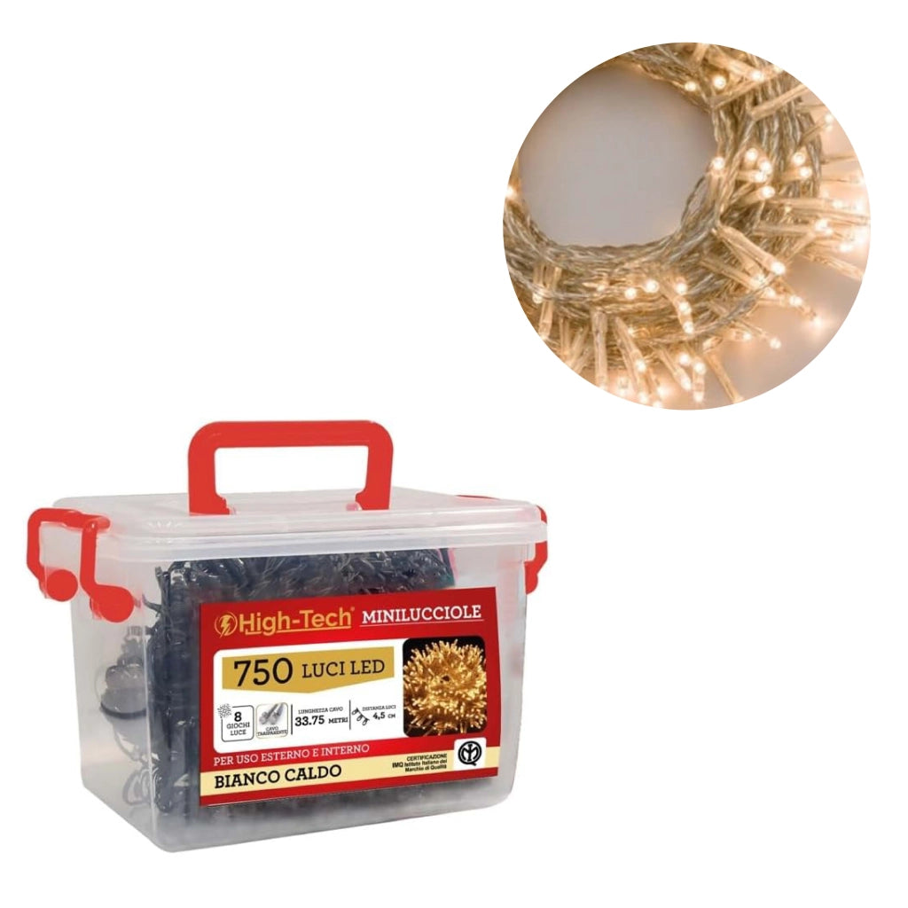 HIGH-TECH BOX MINILUCCIOLE CON FILO TRASPARENTE 750 LED BIANCO CALDO USO INTERNO ED ESTERNO