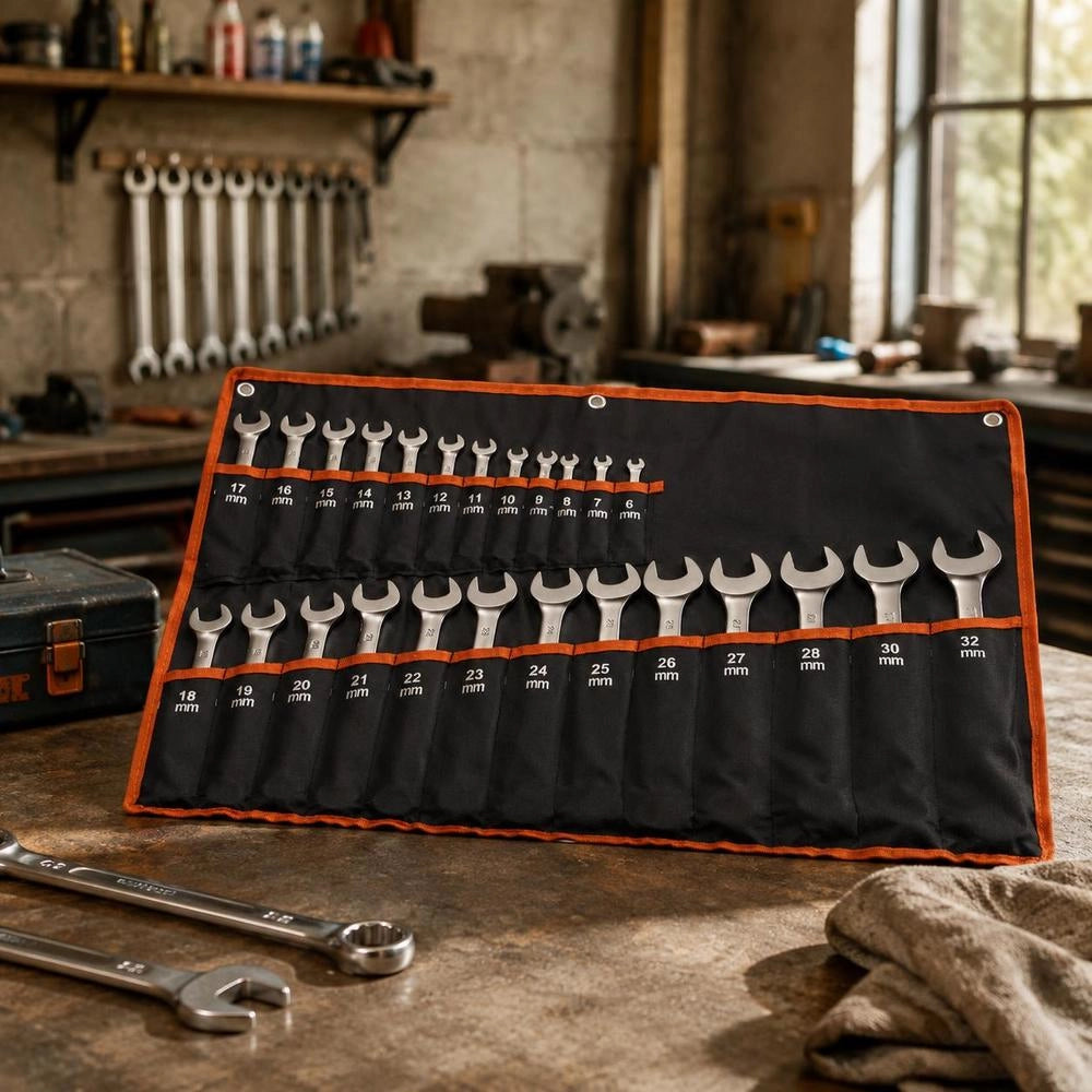 25-piece Ratchet Wrench Set With Roll-up Pouch, Carbon Steel Wrench Set, Metric Sizes 6 Mm To 32 Mm, Ideal For Household, Car Repairs, Workshop, Garage, And Emergencies