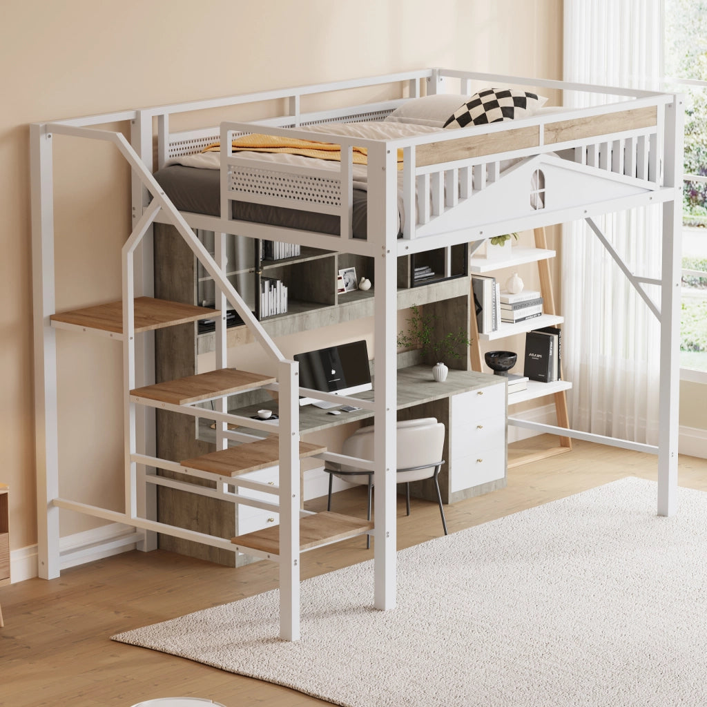 Letto a Soppalco in Metallo con Scala ¨C MINIMAL ¨C Bianco 140x200