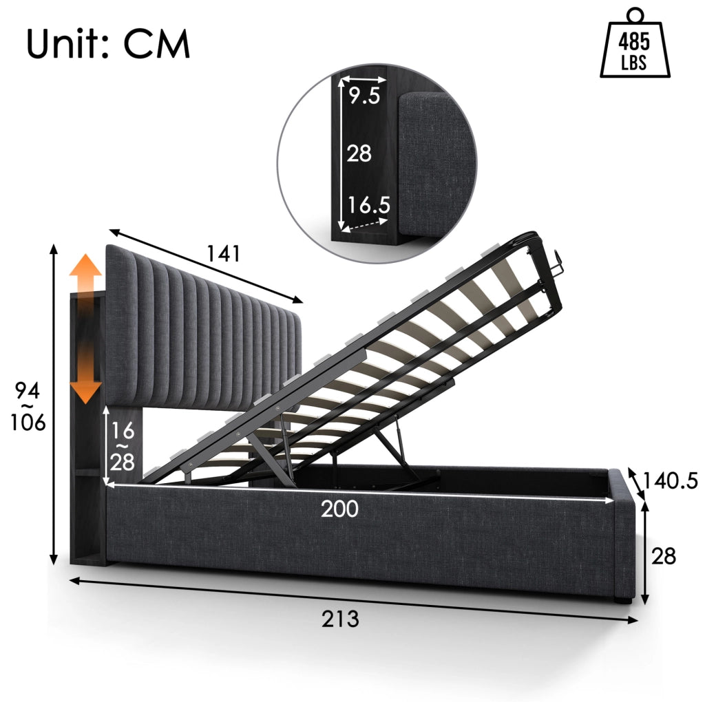 Letto 140x200 cm con contenitore, LED, USB e USB-C in lino grigio