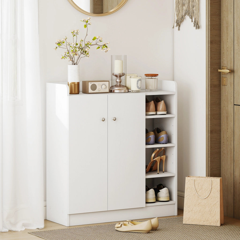 Scarpiera Ingresso con 4 Ripiani Aperti,Scarpiera Armadio Multiuso con Armadietto a 2 Ante e Ripiani Regolabili,Porta Scarpe Salvaspazio per 12 Paia,83x30x90cm,Bianco
