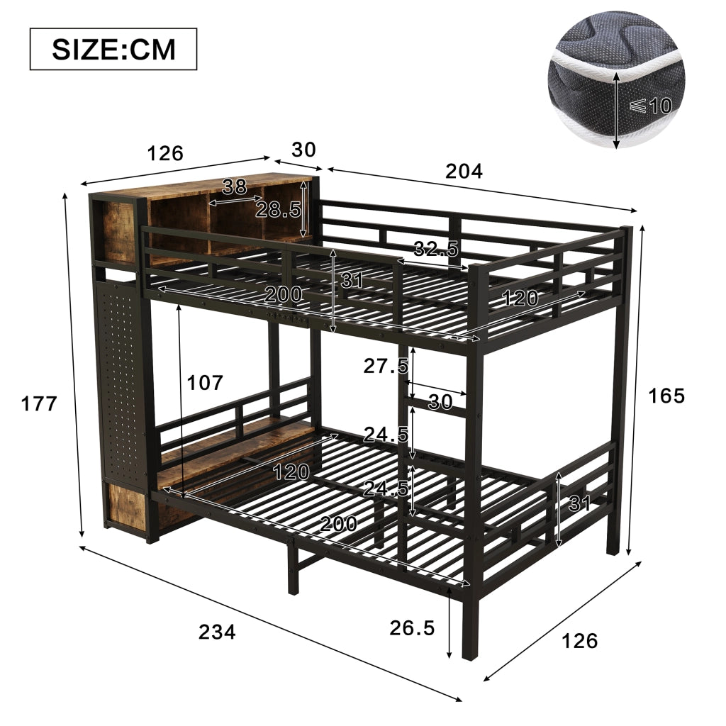Letto a castello 120 × 200 cm in metallo e legno nero e noce scuro con modulo contenitore laterale