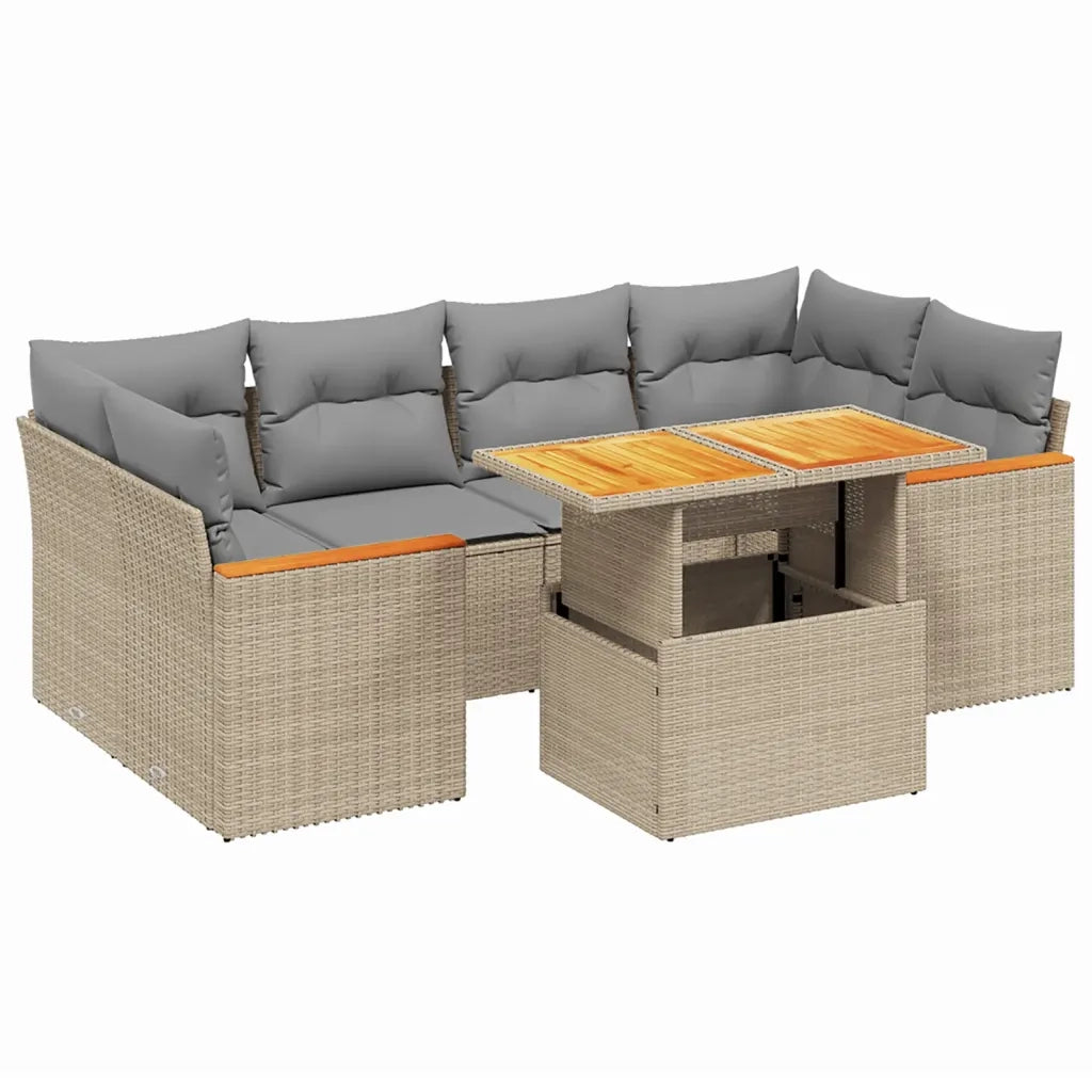 Set Divani da Giardino 7 pz con Cuscini Beige in Polyrattan
