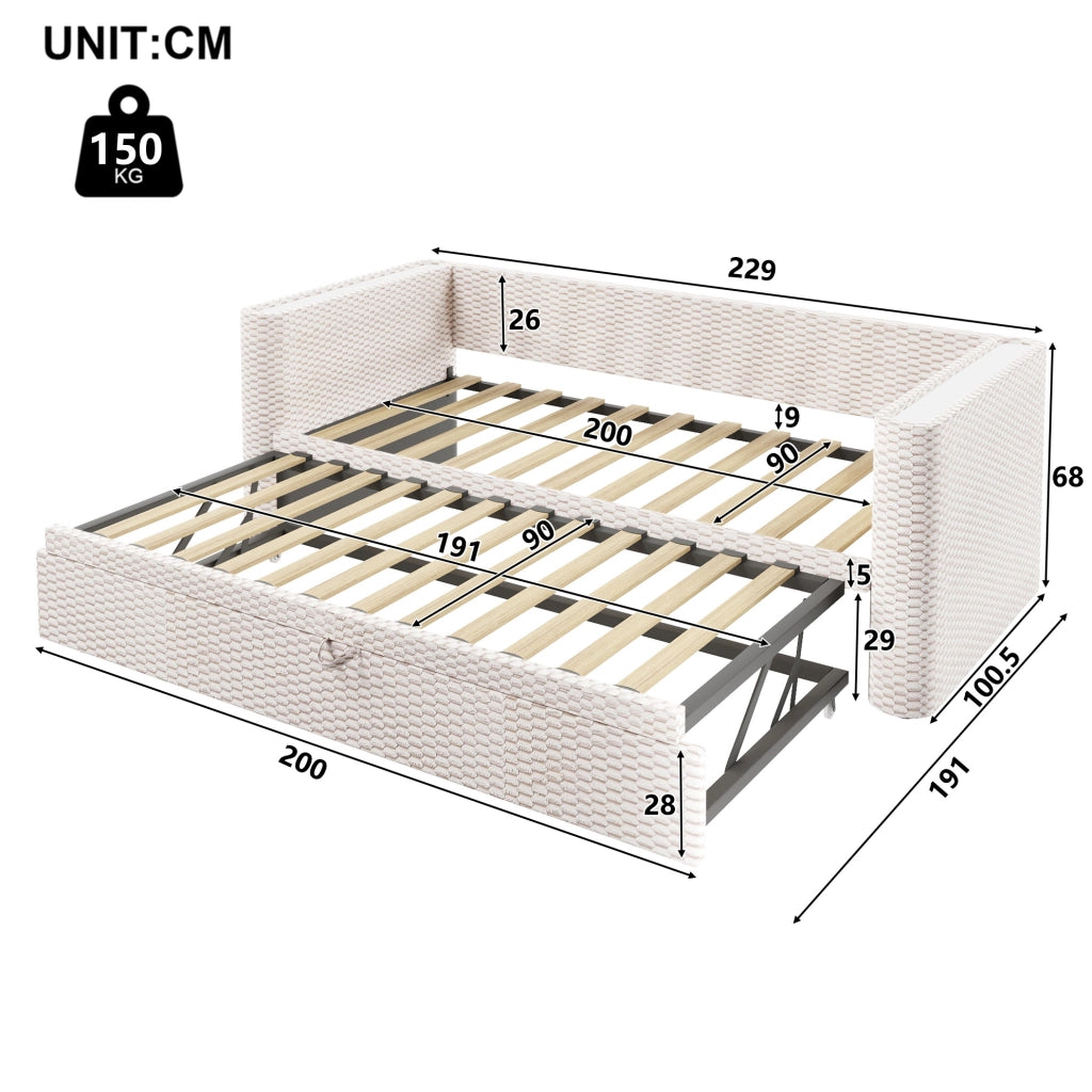Letto multifunzione estraibile in velluto beige con LED e rete a doghe
