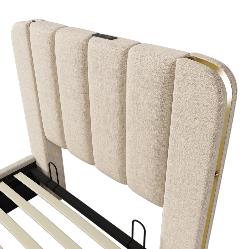 Letto singolo imbottito con testiera a LED e USB Tipo-C, contenitore idraulico e materasso 90x200 cm