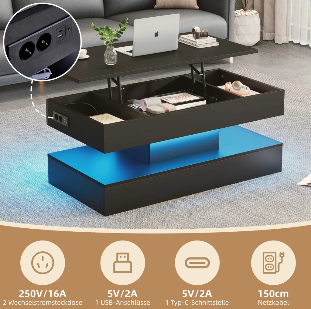 Tavolino da caffè nero con LED, piano sollevabile e prese UE