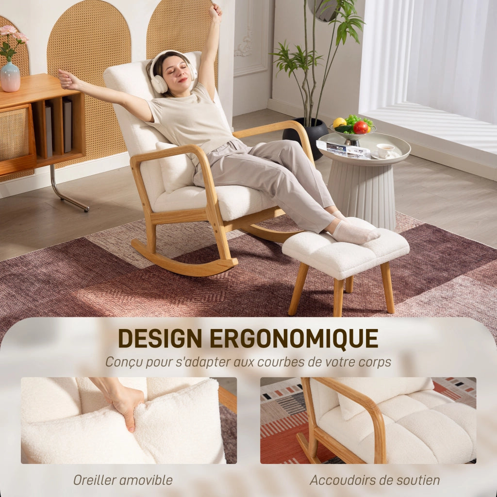 Poltrona a dondolo con poggiapiedi in tessuto bouclé bianco, sedia a dondolo con gambe in legno, 64,5 x 82 x 89 cm, per casa e relax