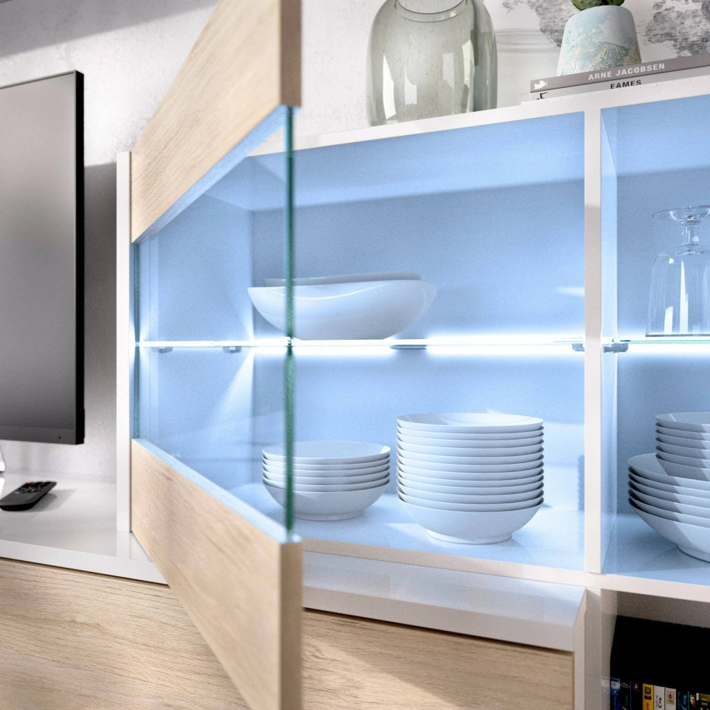 Parete attrezzata Agio, Set da soggiorno modulare ad angolo, Mobile salotto multiposizione con luce LED, 260x41h180 cm, Rovere e Bianco