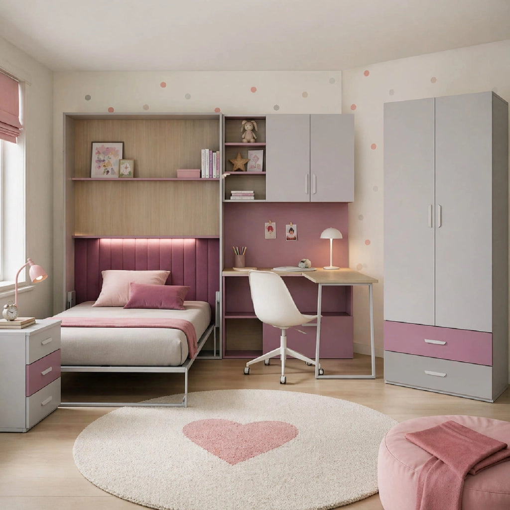 Cameretta Completa Con Letto A Scomparsa Scrivania Armadio Cassettiera Salvaspazio In Melaminico Per Camera Bambini Ragazzi Stanza Ospiti 133 X 208.5 X 45-216 Cm Cashmere E Rosa