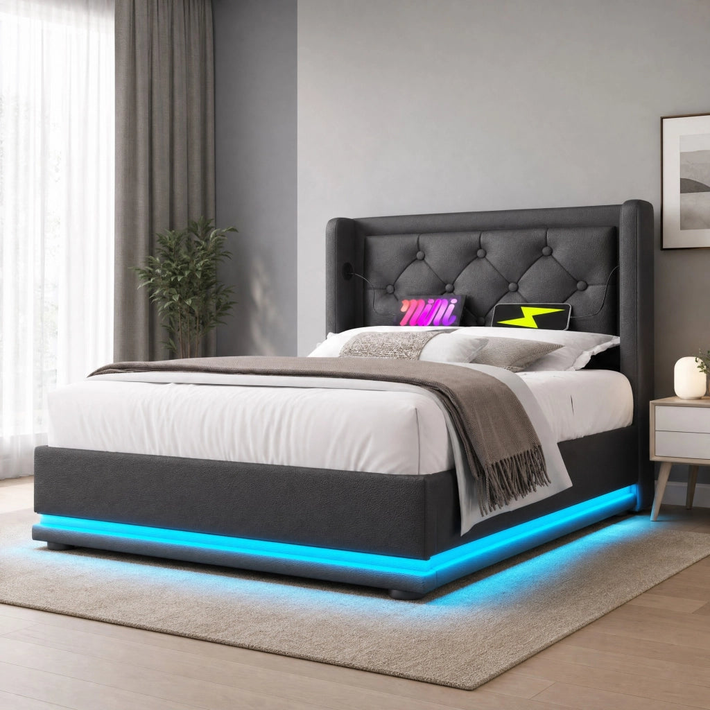 Letto singolo contenitore 90 × 200 cm in PU nero con LED; USB e Type-C