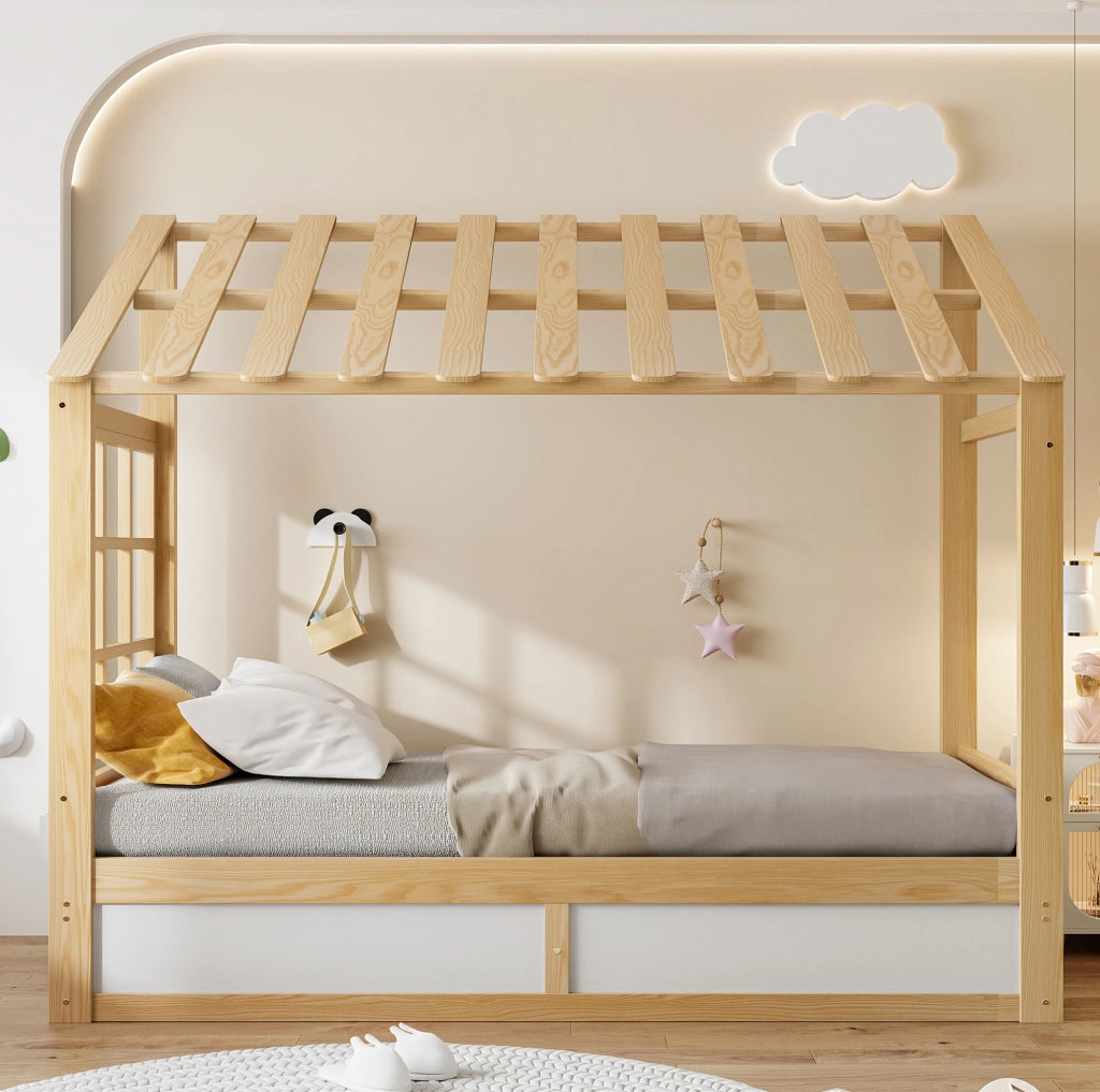 Letto per bambini 90x200 cm con tetto e vano contenitore