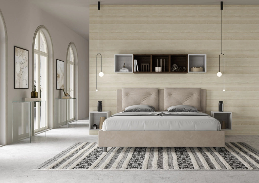 BS COM Letto matrimoniale king size senza rete imbottito 170x210 microfibra sabbia