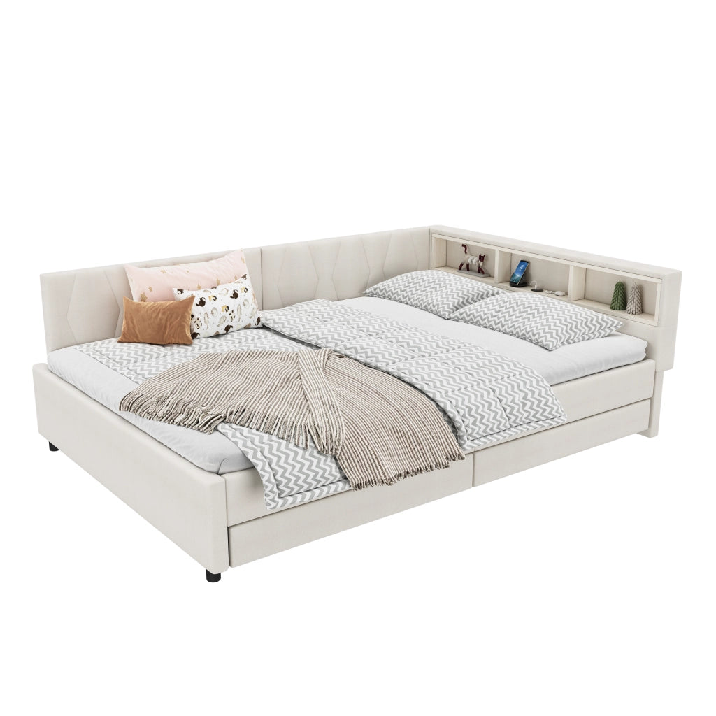 Letto con cassetti 140 × 200 cm con LED USB e Type-C in lino e MDF beige
