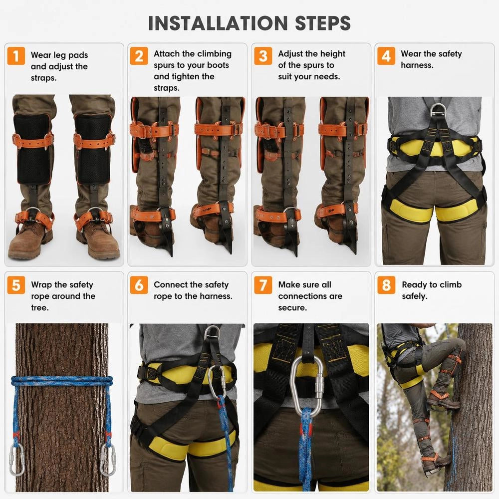 Tree Climbing Spike Set, 1 Pair Of Alloy Steel Climbing Spikes With Safety Rope And Harness, 350 Lbs Load Capacity, Tree Climbing Equipment, Tree Care Equipment For Climbers, Fruit Picking, Orange