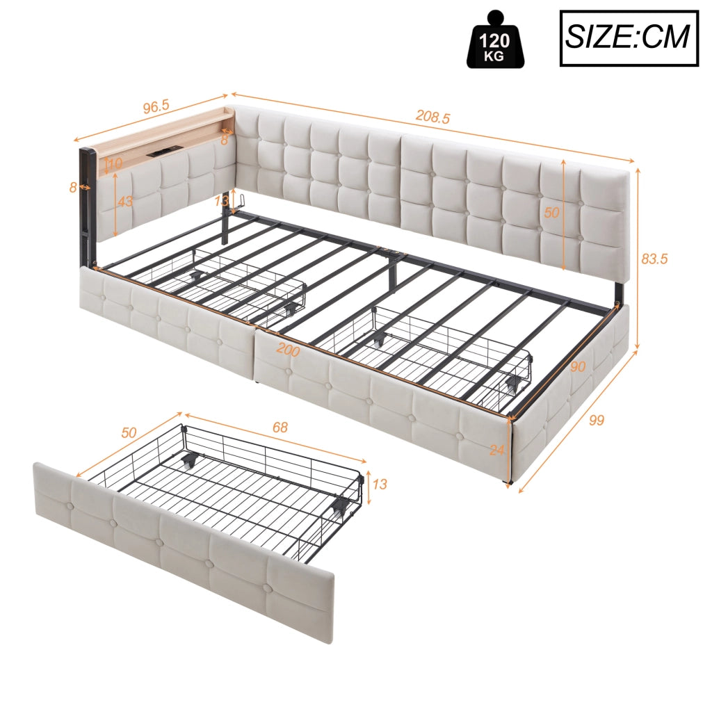 Divano letto imbottito 90x200 cm beige con LED, USB-C e 2 cassetti