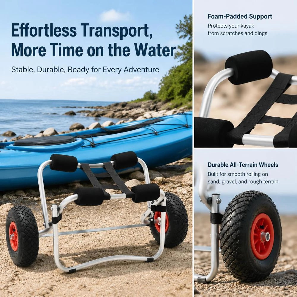 Aluminum Kayak Cart With Foam Pads And Inflatable Wheels, Foldable Design For Sand And Gravel Terrain, Universal Canoe Trolley