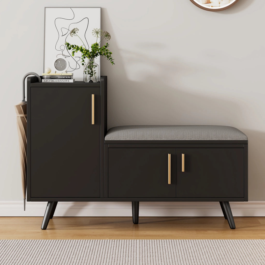 Scarpiera con seduta imbottita, 3 ante e ripiani regolabili, per ingresso, in truciolare nero, 100 × 34 × 68,5 cm