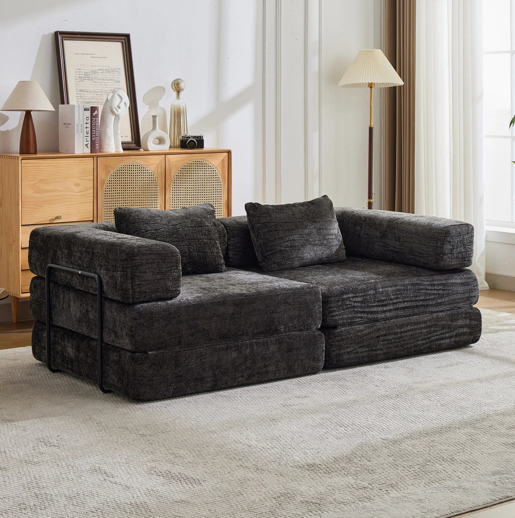 Divano letto convertibile 200x100x63 cm in ciniglia nera salvaspazio