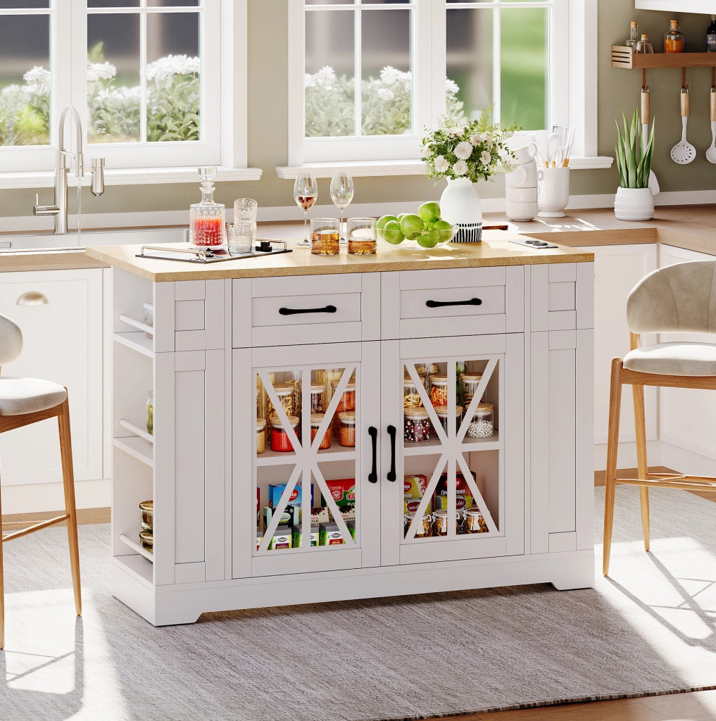 Isola cucina mobile 120 cm con piano ribaltabile, prese AC e USB, ante in vetro