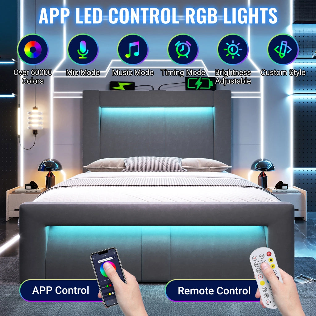 Letto contenitore singolo 90×200 cm con LED; prese USB e Type-C; materasso incluso; velluto; grigio