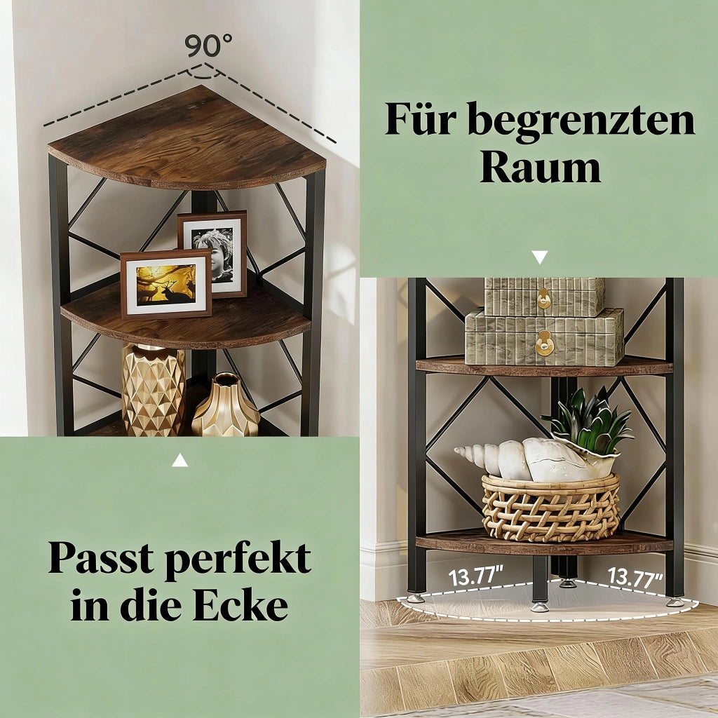 Libreria angolare a 7 ripiani con kit antiribaltamento, design salvaspazio per studio, in metallo e legno, nero e marrone