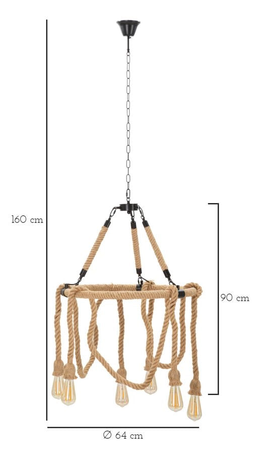 Lampadario Rope Circle Ø64x90 cm in Ferro e Corda Marrone e Nero
