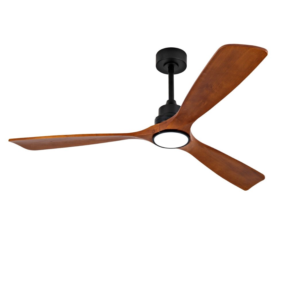 Ventilatore da soffitto con luce LED e telecomando; metallo e legno noce e nero