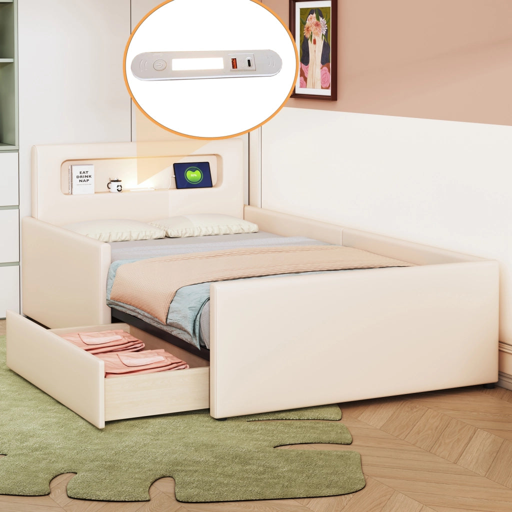 Letto Singolo Imbottito per Bambini con Luce LED e USB ¨C MINIMAL ¨C Similpelle Beige 90x200