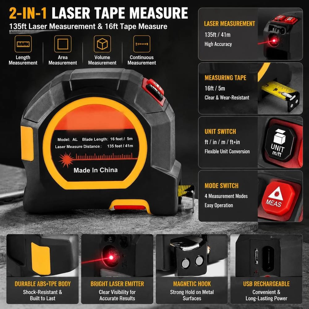 2-in-1 Laser Measuring Tape, 41 M Rechargeable Laser Measuring Tool & 4.8 M Tape Measure With Magnet, Retractable Measuring Tape With 4 Modes – Length, Area, Volume, Continuous, Ft/in/m/ft+in Unit