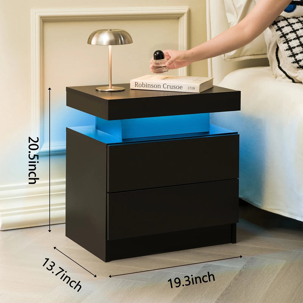 Comodino Moderno Nero con 2 Cassetti e Luci LED Integrati per Camera da Letto