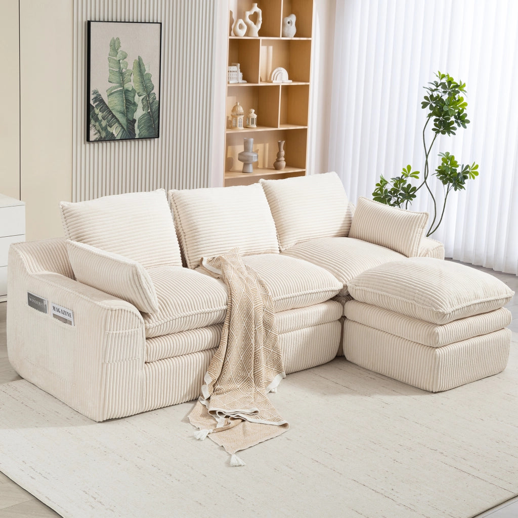 Divano 3 Posti con Poggiapiedi e Cuscini in Tessuto ¨C MINIMAL ¨C Beige