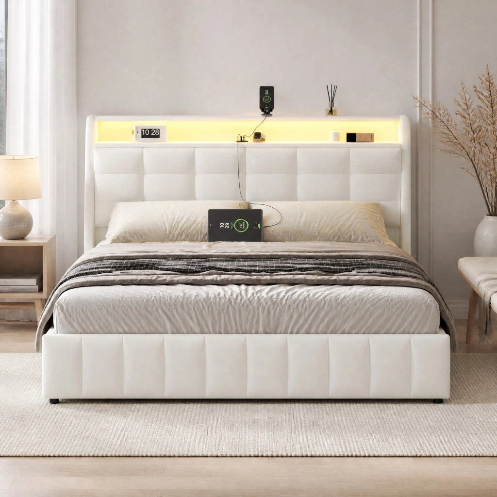Letto contenitore 160x200 cm bianco con LED, USB e testiera regolabile