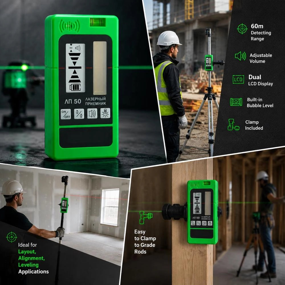 Professional Laser Receiver With 60m Range, Laser Detector For Pulsed Cross Line Lasers, ±1.5mm Leveling Range, 1.5V Batteries, 20 Hours Operating Time, Dual LCD Display With Backlight