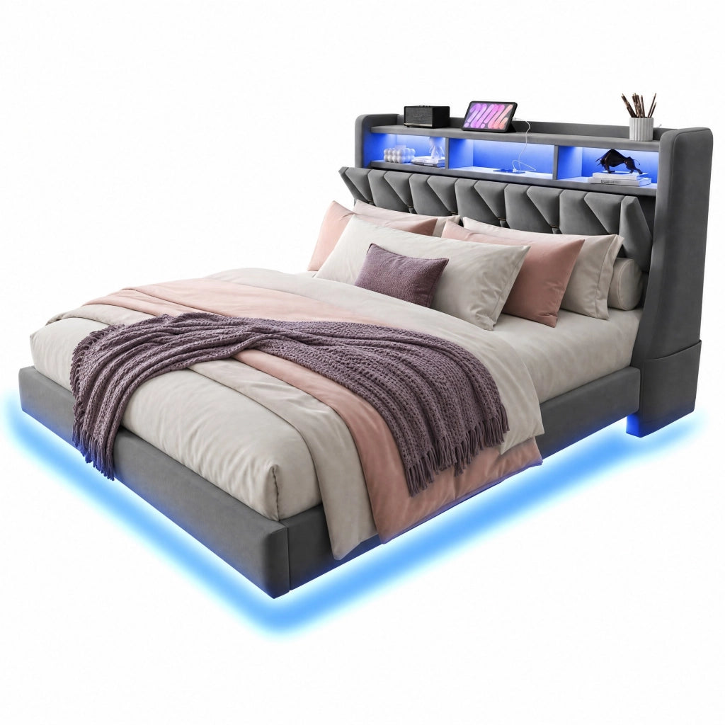 Letto imbottito 180x200 cm con testiera pieghevole, LED, USB e USB-C in velluto grigio